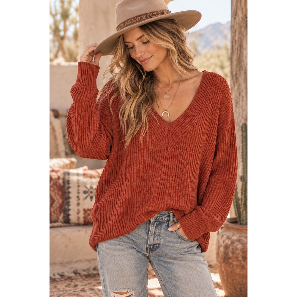 Madewell Womens XS Ribbed V-Neck Wool Blend Pullover Sweater Rust Orange